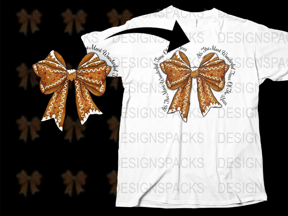 Festive Gingerbread Butterfly Bow T-Shirt, Christmas Holiday Casual Wear, Unique Graphic Tee Design, Gift Idea