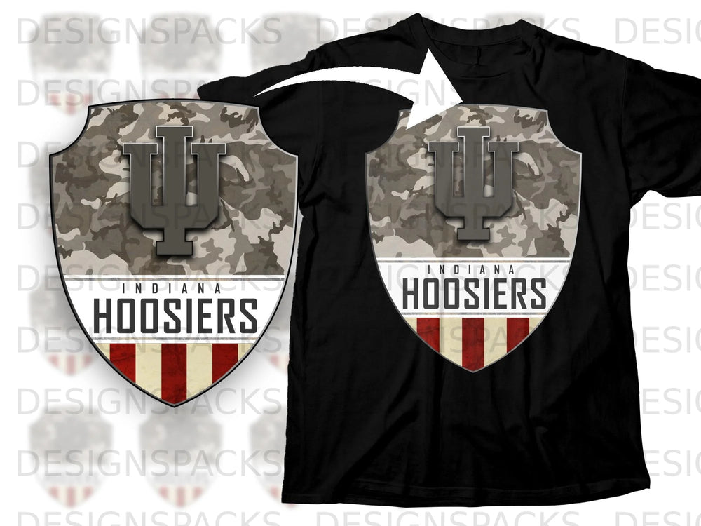 Black t-shirt with Indiana Hoosiers shield logo featuring camouflage and red stripes.