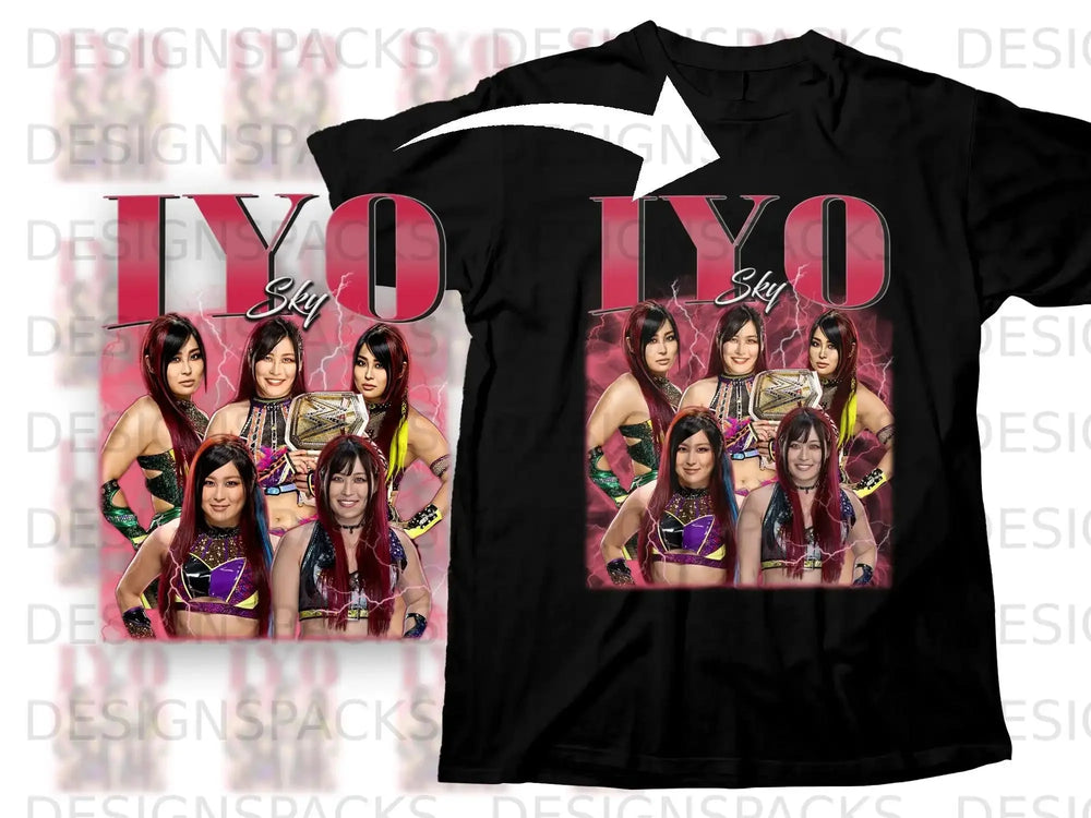 Iyo Sky wrestling t-shirt featuring her portrait and championship belts.