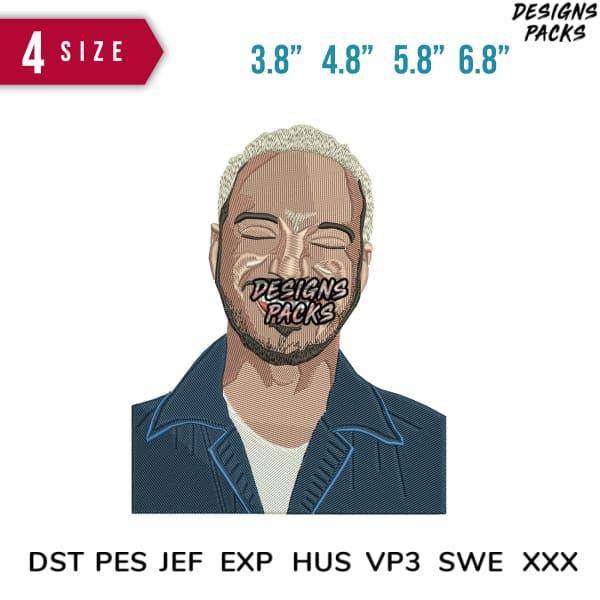 Embroidery design of smiling man with 'Designs Packs' text, available in 4 sizes & multiple formats