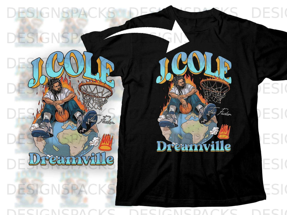 J. Cole graphic t-shirt with basketball, globe, and Dreamville logo.