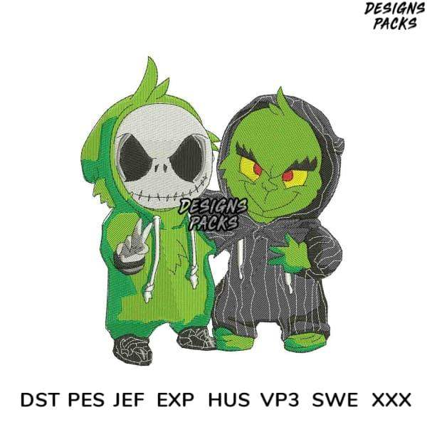 Chibi Jack Skellington and Grinch embroidery design in green hoodies, PES DST formats