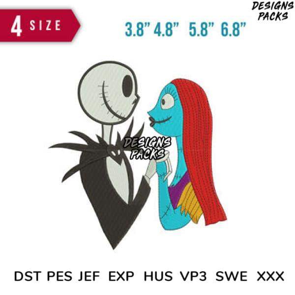Jack and Sally embroidery design in 4 sizes, compatible with DST PES JEF formats for machine stitching