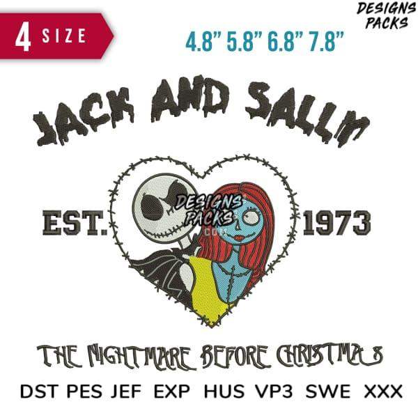 Jack and Sally heart embroidery design from The Nightmare Before Christmas, 4 sizes, DST PES JEF formats