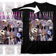 Jack Skellington and Sally characters with lightning, "Jack & Sally" text on black t-shirt.