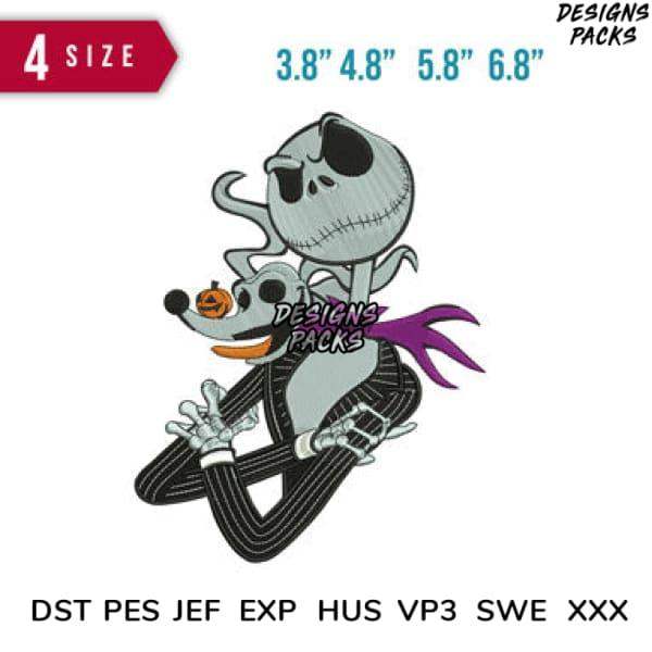 Jack Skellington and Zero Halloween embroidery design in multiple sizes, compatible with DST, PES, JEF formats.