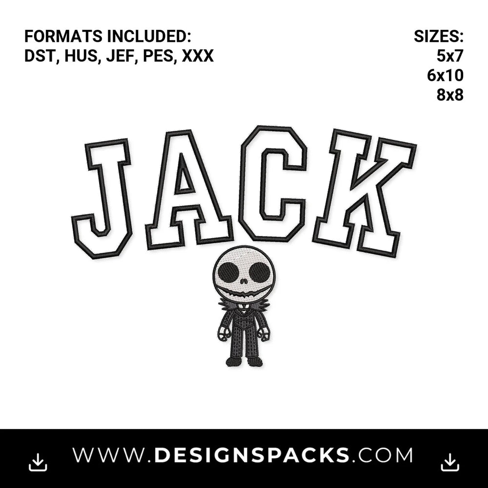 Jack Skellington Varsity Letters Embroidery Design - Instant digital download pattern at Designspacks.com