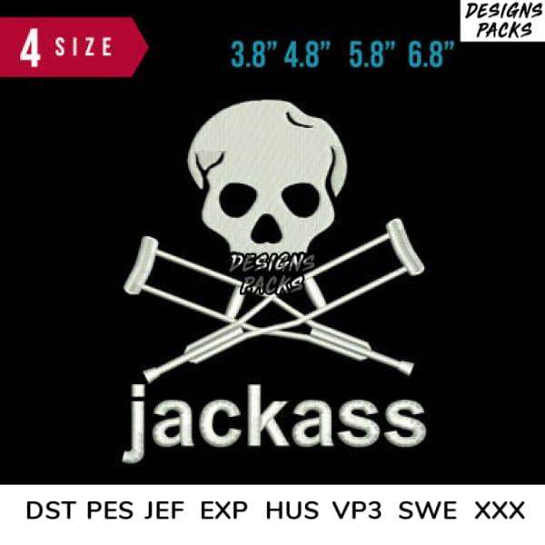 Embroidery design: skull with crutches and 'jackass' text, 4 sizes, DST PES JEF formats