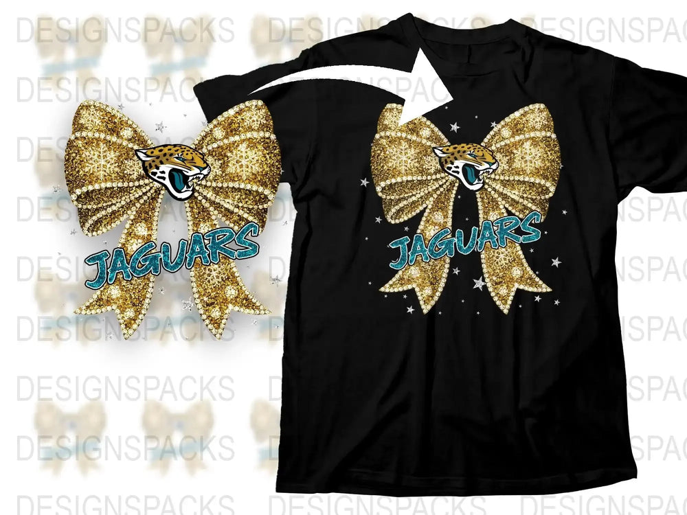 Jacksonville Jaguars Glitter Bow Design T-Shirt, Sparkly Gold and Blue Sports Tee, Football Fan Apparel Gift for Her and Him