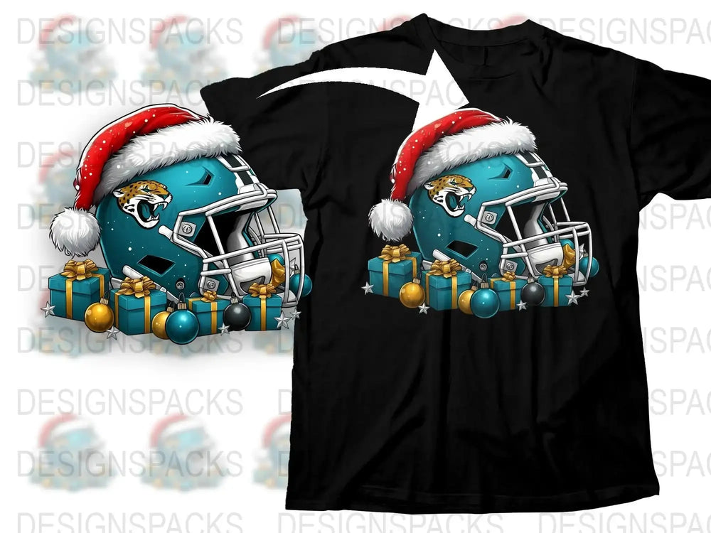 Festive Football Helmet T-Shirt, Santa Hat, Holiday Sports Apparel, Christmas Gift for Sports Fans