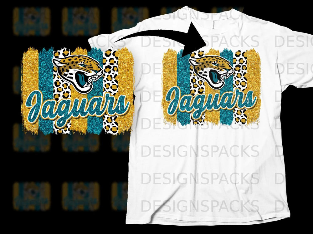 Jaguar head logo with "Jaguars" text over gold and teal glitter stripes.