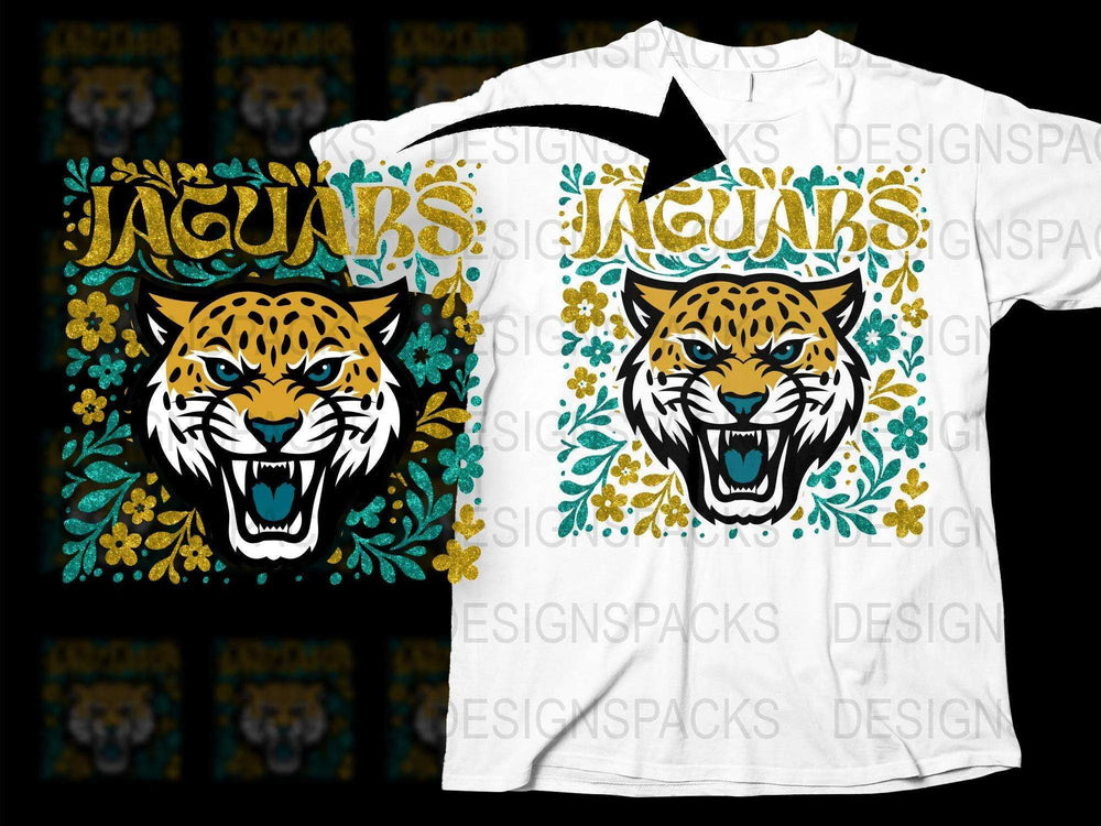 Jaguar Print T-Shirt, Floral Pattern, Animal Face Graphic Tee, Unisex White Shirt with Tiger Design, Jungle Theme Apparel