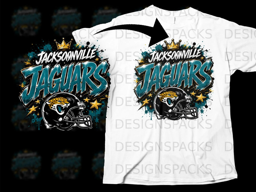 Jacksonville Jaguars graphic with football helmet and crown on white t-shirt.