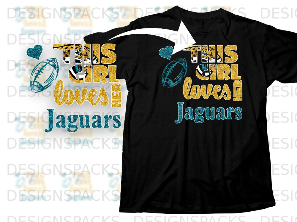 Black t-shirt with "This Girl Loves Jaguars" text and football graphics.