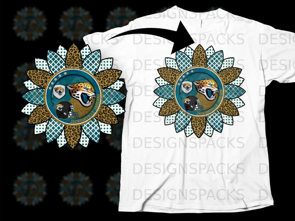 Jacksonville Jaguars logo in sunflower design with leopard print and blue plaid petals.