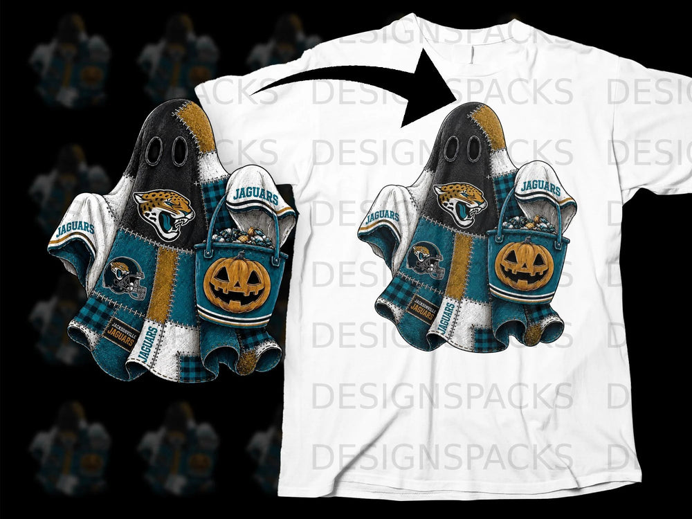 Jacksonville Jaguars ghost design with pumpkin bucket on white t-shirt.