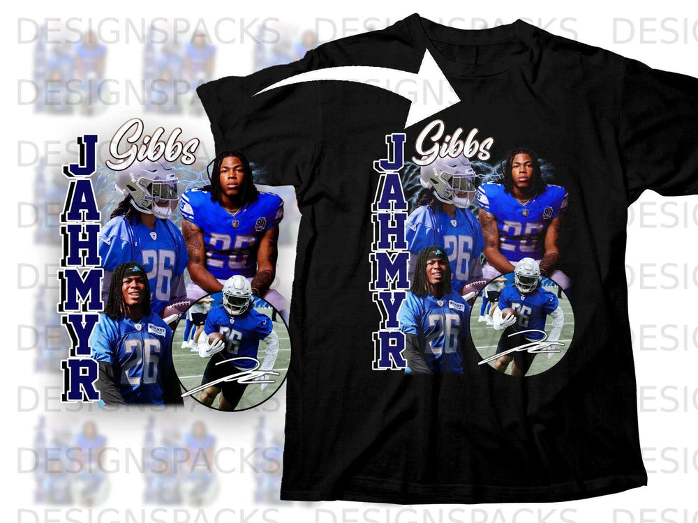 Black t-shirt featuring Jahmyr Gibbs in football uniform with name and number 26.