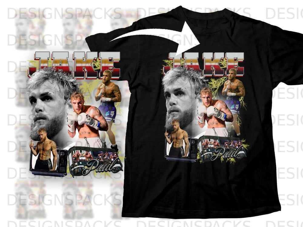 Jake Paul t-shirt design with a collage of images and text.
