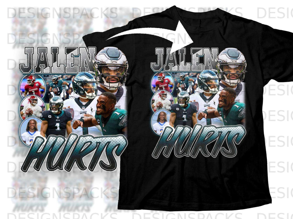 Jalen Hurts Eagles football jersey with player images and team logos.