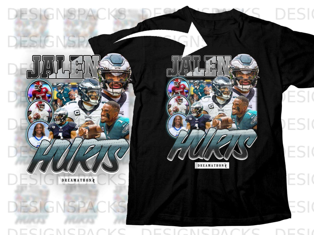 Jalen Hurts t-shirt with player collage and "Hurts" text.