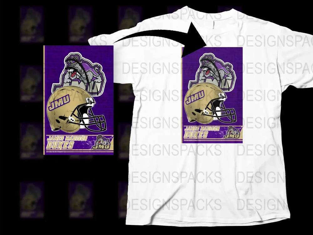JMU Dukes Graphic T-Shirt, College Sports Fan Apparel, White Tee with Purple Design, Football Helmet Motif