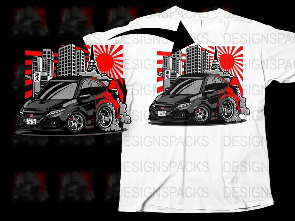 Japan City Skyline Red Sun Car Png Digital Download