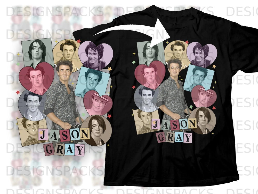 Collage of Jason Gray photos with nameplate, displayed on a black t-shirt.