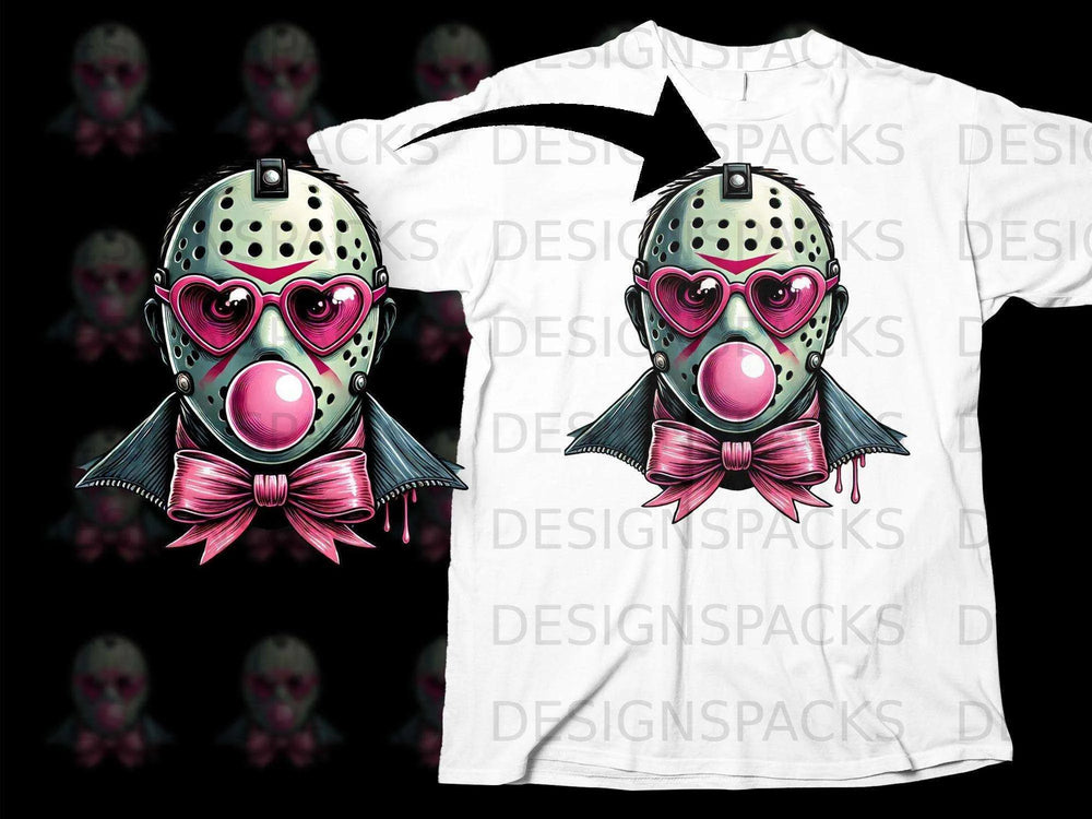 Cool Retro Horror Mask with Pink Bow T-Shirt