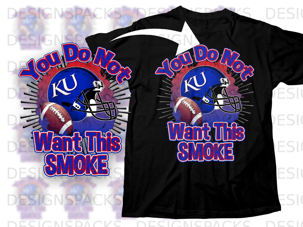 Black t-shirt with "You Do Not Want This SMOKE" graphic and KU helmet.