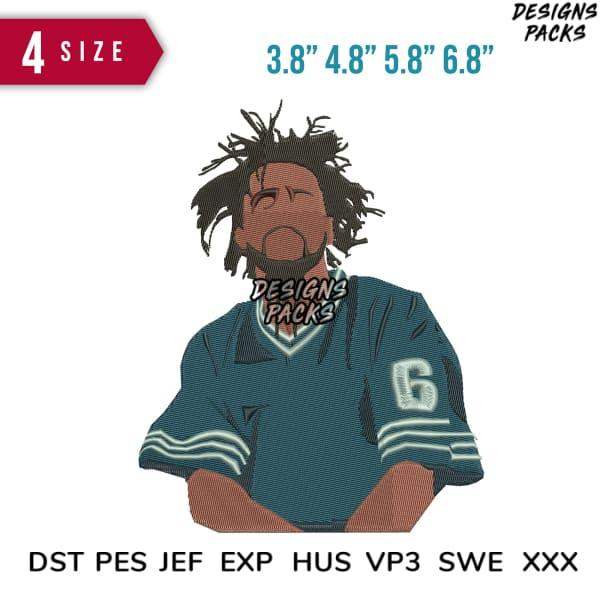Embroidery design of man in teal jersey with 'G', available in 4 sizes & multiple formats like PES, DST, EXP