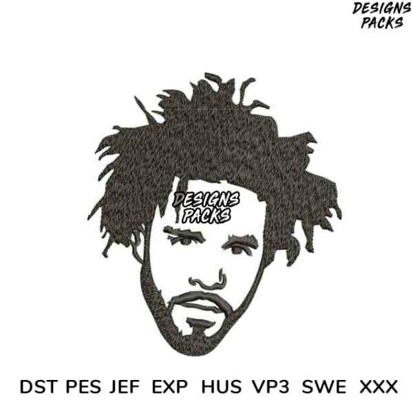 Embroidery design of stylized male face with dreadlocks, available in DST PES JEF formats for instant download
