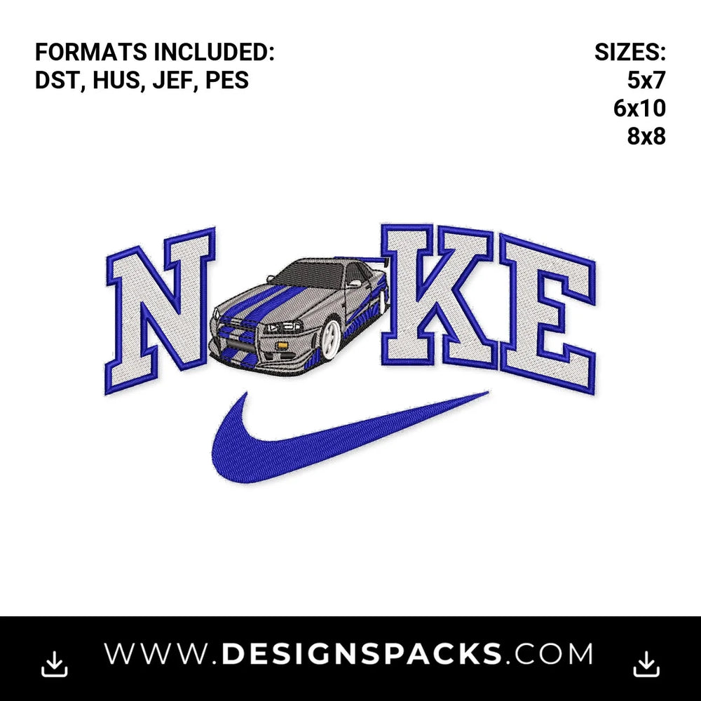 JDM Skyline GT-R R34 Swoosh Embroidery Design - Instant digital download pattern at Designspacks.com