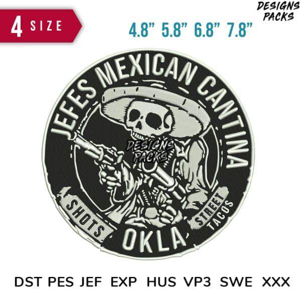 Embroidery design featuring a skull in a sombrero with 'Jefes Mexican Cantina' text, available in multiple sizes and formats.