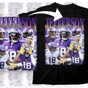 Black t-shirt with graphic of Justin Jefferson and Vikings players.