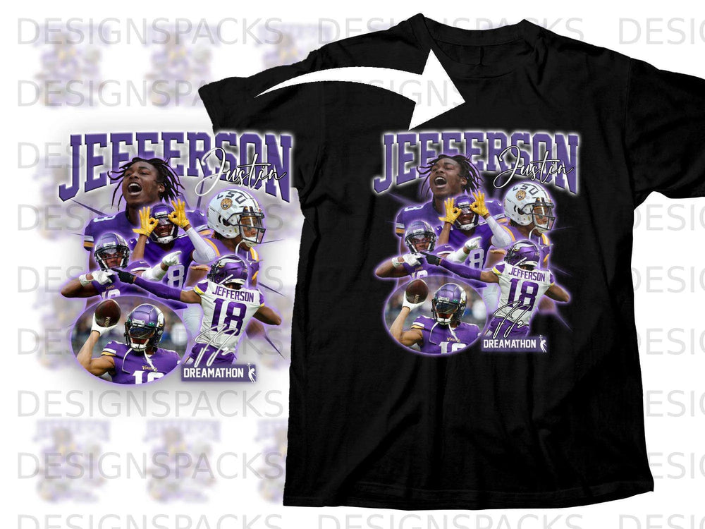 Black t-shirt featuring artwork of Jefferson number 18 in purple and gold.