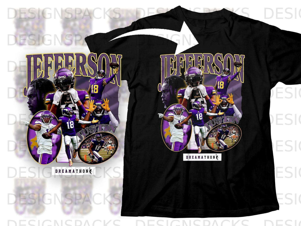 Justin Jefferson VIKING football player collage on a black t-shirt.