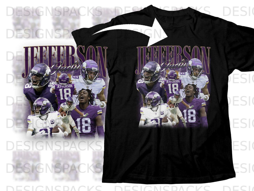 T-shirt design featuring Justin Jefferson with jersey number 18 in Vikings uniform.