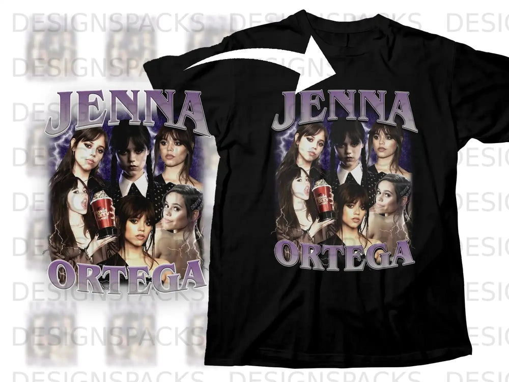 Jenna Ortega graphic t-shirt with "Drippin Glam" text and collage of her image.