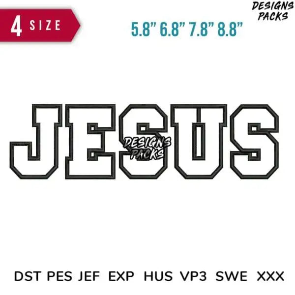 Jesus college-style design in 4 sizes, print-ready for embroidery & DTG, formats include PES, DST, SVG