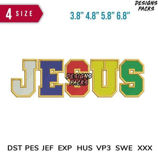 Colorful 'JESUS' embroidery design in 4 sizes, compatible with DST PES JEF formats for instant download.
