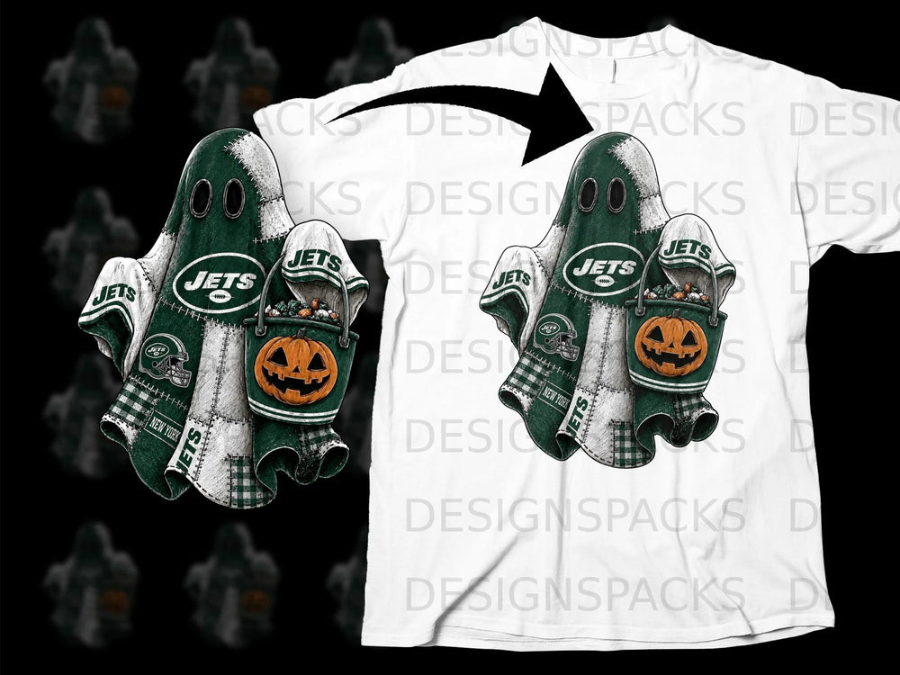 New York Jets ghost Halloween graphic with pumpkin bucket and candy.