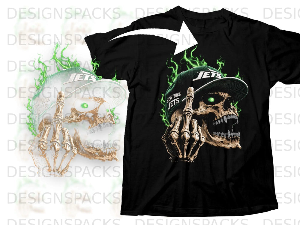Black t-shirt with New York Jets skeleton skull graphic and green flames.