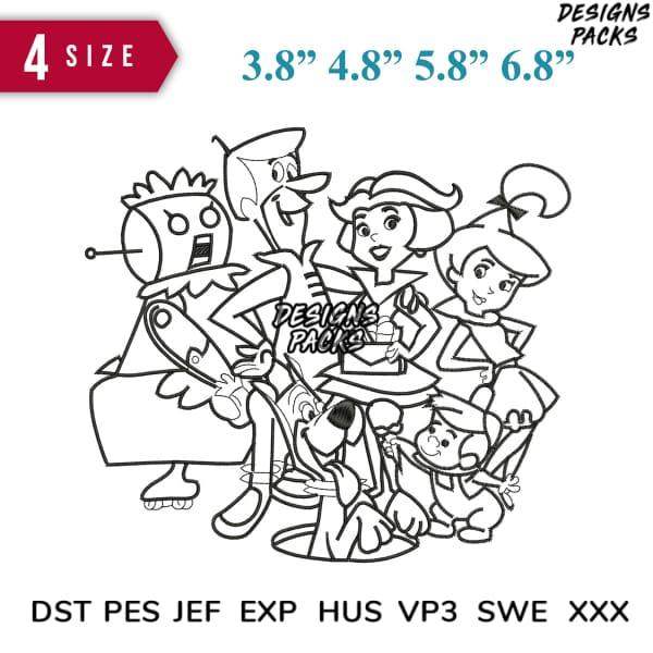 Jetsons family cartoon design in 4 sizes, embroidery formats DST PES JEF EXP for instant download