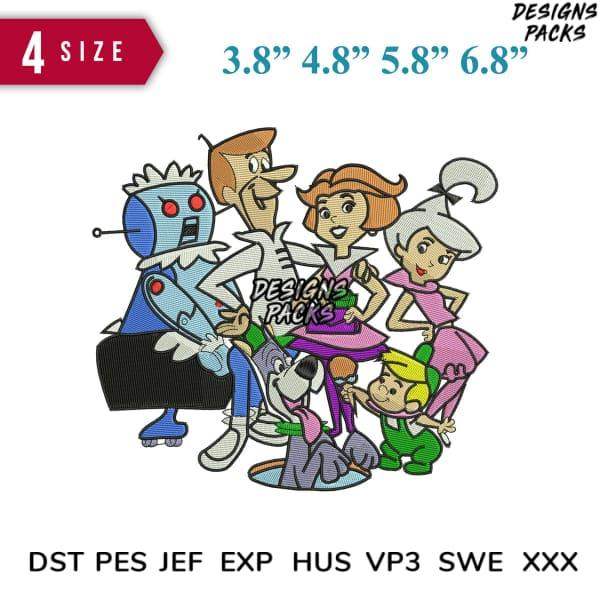 The Jetsons family embroidery design in 4 sizes, compatible with DST PES JEF formats for instant download.