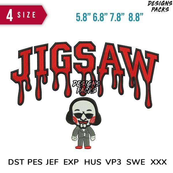 Jigsaw horror character embroidery design with dripping red text, available in multiple sizes and formats
