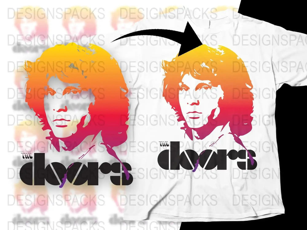 The Doors band graphic design for t-shirt, print-ready PNG with vibrant gradient hair and logo