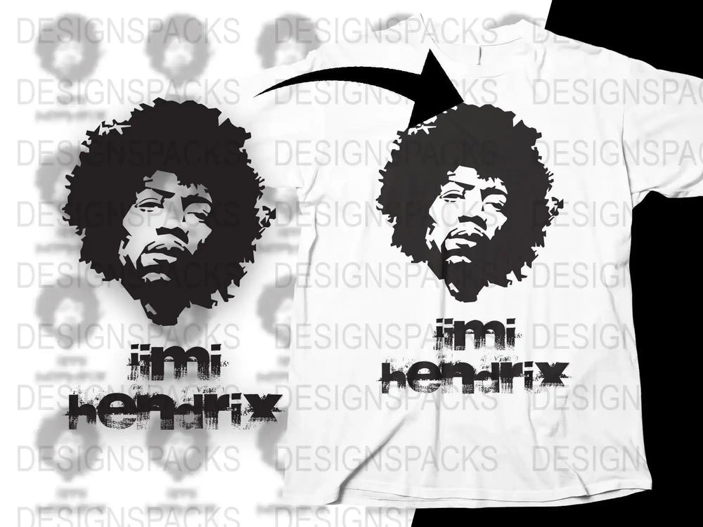 Jimi Hendrix Iconic Black And White Graphic Png Design Digital Download