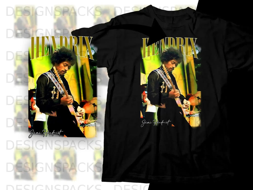 Jimi Hendrix playing guitar on a black t-shirt.