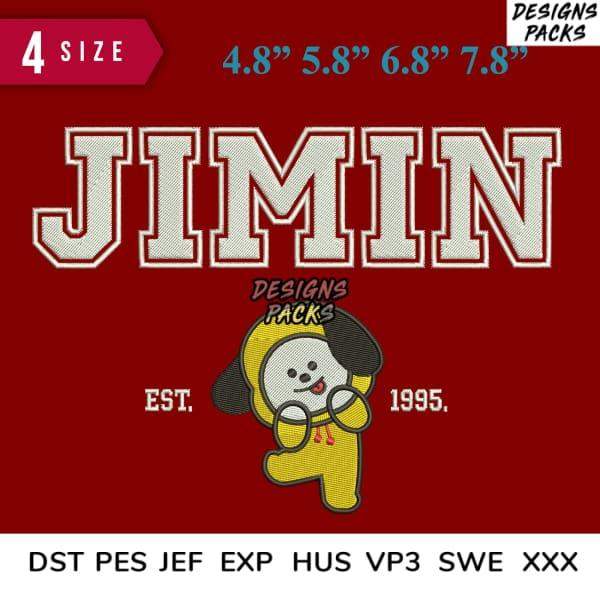 Jimin embroidery design with cartoon character, 4 sizes, DST PES JEF formats, print-ready for DTG/DTF