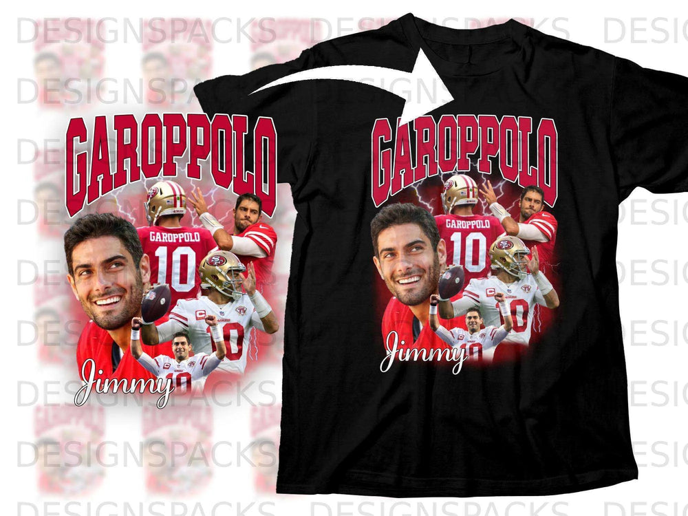 Black t-shirt with multiple images of Garoppolo and "Jimmy" text.